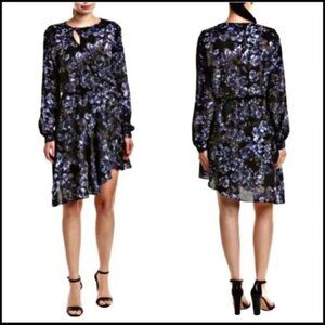 Parker Dark Bluebonnet Floral Asymmetrical Faux Wrap Dress Womens M Moody Floral